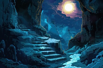 Mysterious moonlit cavern with glowing river and ancient ruins
