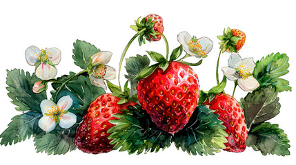 Strawberry berries with strawberry flower and leaves. Watercolor vintage old botanical illustration isolated on transparent background. Retro style. Pastel tones. 