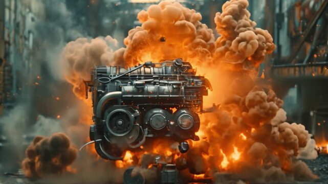 Engine explosion in a car: motion parts that are mechanical and other pistons ignite explosions engine exploding flames in a v8 working model CGD car piston crankshaft valve combustion ignition