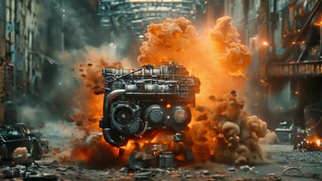 Engine explosion in a car: motion parts that are mechanical and other pistons ignite explosions engine exploding flames in a v8 working model CGD car piston crankshaft valve combustion ignition