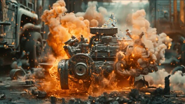 Engine explosion in a car: motion parts that are mechanical and other pistons ignite explosions engine exploding flames in a v8 working model CGD car piston crankshaft valve combustion ignition