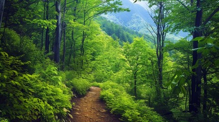 Majestic forest trail leading towards distant peaks, vibrant green foliage, Environment, Path to Peaks, copy space for text, focus cover all object, deep dept of filed