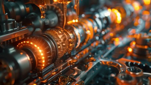 Engine oil and gears closeup, 3D rendering of a gear with oil pouring on it detailed view of a modern engine being produced at a factory