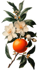 Vintage-style botanical illustration featuring clementine fruit and flowers on transparent background. Retro style. Pastel tones.