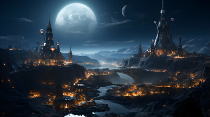 A futuristic city with tall, intricate towers stands on a dark rocky landscape illuminated by the light of the moon.