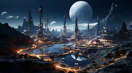 Obraz premium A futuristic city on a moonlit alien world, with towering skyscrapers and glowing lights reflecting in a pool of water.
