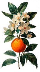 Vintage-style botanical illustration featuring clementine fruit and flowers on transparent background. Retro style. Pastel tones.