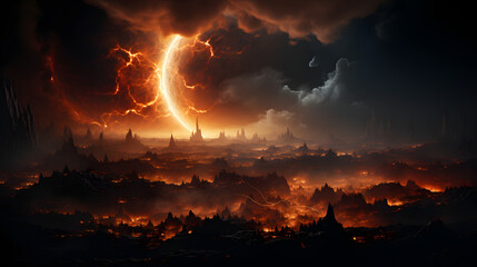 A fiery, apocalyptic scene with a burning crescent moon in the distance and a fiery, lava-filled landscape below.