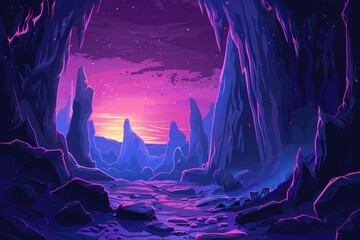 Obraz premium Mysterious alien planet landscape with glowing rocks and starry sky