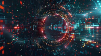 Fototapeta premium 3D Rendering of a Creative Digital Tech Circle Against a Dark Background