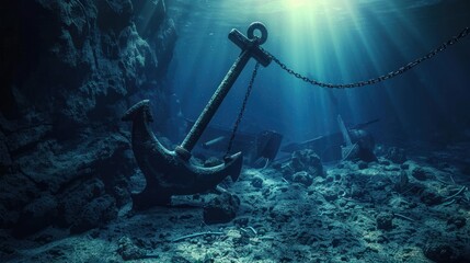 Old Anchor on the under sea with sunlight shadow view