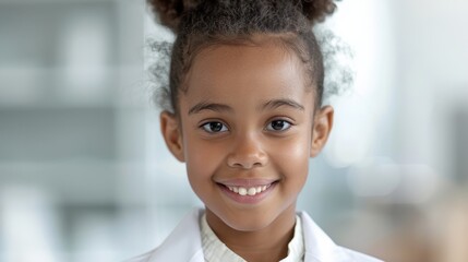 A young girl with a white lab coat and a ponytail is smiling