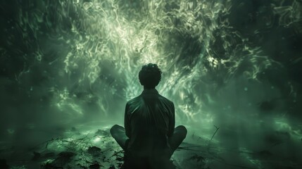 Obraz premium A person sits in a meditative pose before an ethereal, green and mystical storm. The scene is surreal and otherworldly.