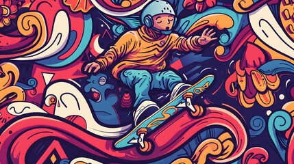 Monkey with a skateboard on a background of palm trees, vector illustration, print for clothes, t-shirts. Skateboarding illustration. 