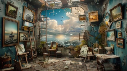 Art studio with a stunning ocean view, filled with paintings, chairs, and a rustic ambiance creating a creative and inspiring atmosphere.