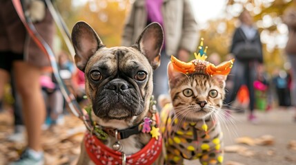 Playful dog and cat in unique matching costumes enjoying a pet costume contest with a lively background of other pets and their owners in a festive setting