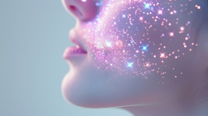 A woman's face is covered in glitter, giving it a dreamy, ethereal appearance