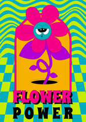 Psychedelic y2k poster with character. Funny flower with funky face in groovy style. Flower power. Flat vector element in acid colors.