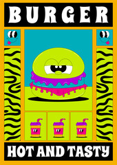 Psychedelic poster with cute hamburger character in groovy style. Retro trendy vertical flyer. Burger hot and tasty. Flat vector element in acid colors.