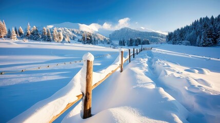 A fence barely visible beneath towering snowdrifts, capturing the overwhelming presence of deep winter and the cold season s harshness