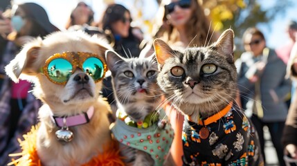 Fototapeta premium Fun and festive scene of a dog and cat duo in imaginative matching costumes at a lively pet costume contest with other pets and their owners in the background