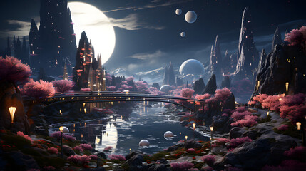 A surreal and dreamlike landscape with a moon, futuristic buildings, and a river that flows through the rocky terrain.