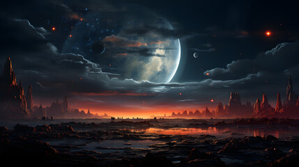 Fototapeta premium A breathtaking alien landscape bathed in the glow of a setting sun. The rugged mountains and vast body of water create a surreal and otherworldly atmosphere.