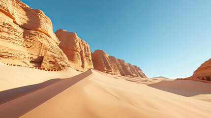A stunning desert landscape featuring golden sand dunes and towering cliffs under a clear blue sky.