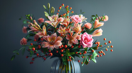 Elegant bouquet of flowers in a vase with a plain backdrop, UHD, Masterpiece 