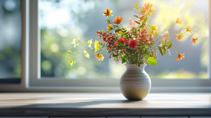 Fresh bouquet of flowers in a stylish vase, harmonizing with a modern minimalist space, UHD, Masterpiece  © AiiNa