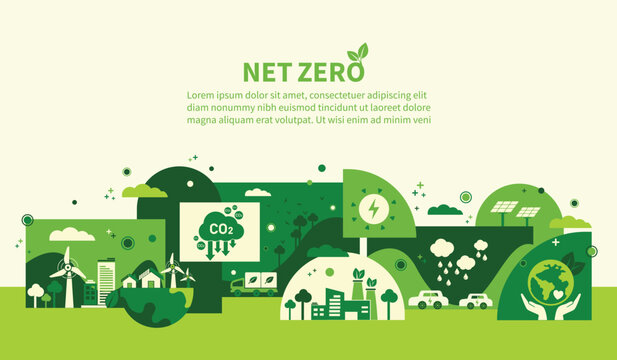 Net zero and carbon neutral concept. Net zero greenhouse gas emissions target. Climate neutral long term strategy with green net zero icons. Environment web banner with green city vector template.