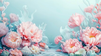 A blue and pink background with flowers and sea creatures
