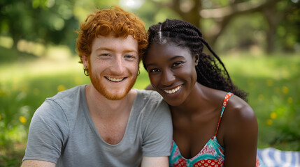 Fototapeta premium Multiracial couple sitting very close to each other in a park, surrounded by greenery and trees, symbolizing unity and diversity. World Redhead Day