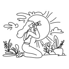 World Photographer Day minimalist line art flat illustration, showcasing a photographer in action amidst a scenic outdoor backdrop. Ideal for enhancing your visual projects