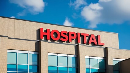 Obraz premium Hospital Building Exterior with Red Sign 