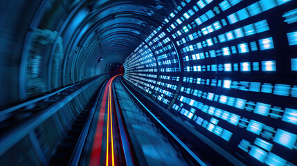 Dynamic view of a futuristic tunnel, illuminated with vibrant blue lights. Perfect for technology and transportation themes.