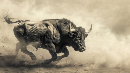 Obraz premium A bull in motion, charging through a field with dust rising around its hooves, showcasing its raw power and agility