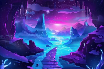 Obraz premium Futuristic alien landscape with a glowing river and a stone path leading into the distance