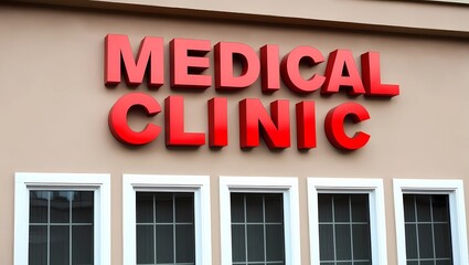 Facade of Medical Clinic with Prominent Red Sign and Windows
