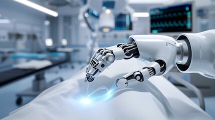 AI-Powered Surgical Innovation Robotic Surgery Precision Tools Futuristic Healthcare Robotic Assistance A robotic hand gently interacts with a surgical tool in a modern healthcare environment