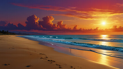 Obraz premium A vibrant illustration of a sunny beach sunset with golden sands, colorful sky, and calm waves, with space for text.