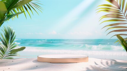 Fototapeta premium Beautiful tropical beach scene with a sunny sky, palm trees, and an empty wooden platform, perfect for summer vacation or travel concepts.