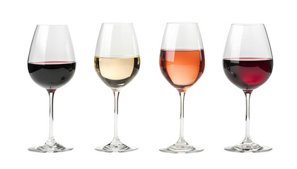 four Different kinds of wine in wine glasses isolated on transparent background