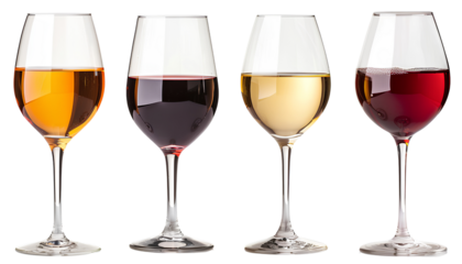 four Different kinds of wine in wine glasses isolated on transparent background