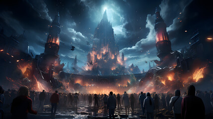 Obraz premium A crowd of people stand in awe as a giant, burning city crumbles before them. The sky is filled with smoke and debris, and the air is thick with the smell of fire. 