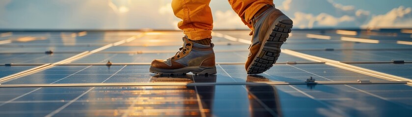 Worker Walking on Solar Panels at Sunset, Renewable Energy Concept, Sustainable Future, Clean Energy Production