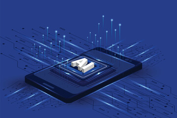 Isometric smartphone with digital Artificial intelligence chipset on circuit board background