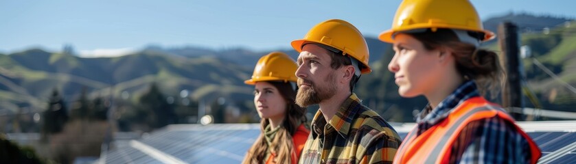 Group of Engineers in Safety Gear Inspecting Solar Panels with Scenic Mountain Background