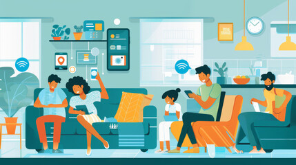 Fototapeta premium A family enjoying the benefits of smart home technology, with parents working or relaxing while children learn or play using educational and entertainment apps