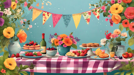 A lively illustration of a summer garden party with colorful flowers, a picnic setup, and festive bunting, with space for text.